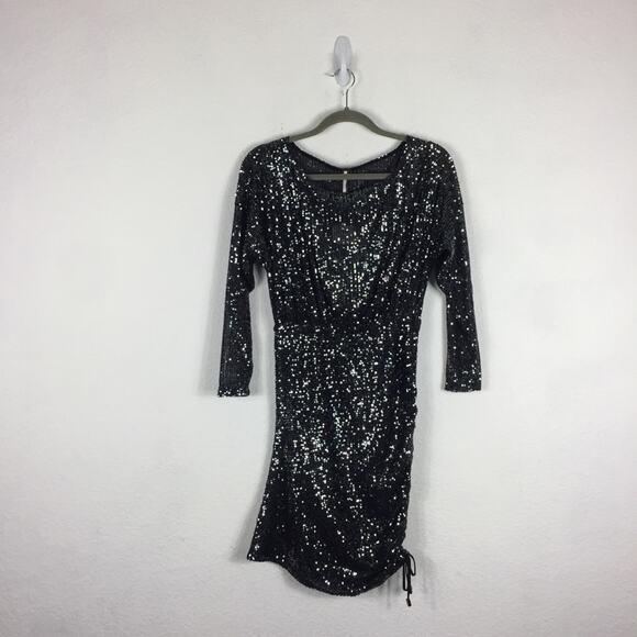 NWT Free People Gisele Sequin Mini Dress Black Silver Off Shoulder Cocktail - Picture 3 of 15